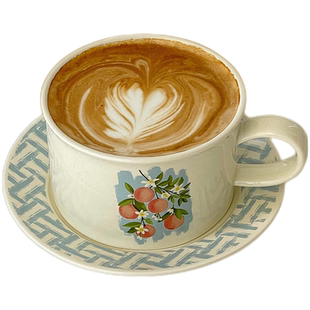 中古风vintage陶瓷咖啡杯碟手绘桔果拉花马克杯下午茶拿铁杯套装