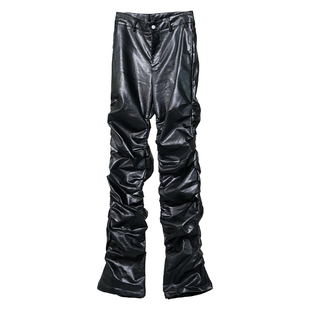 VE2 高级褶皱堆积设计PU皮裤男女小众暗黑哥特朋克演出摇滚长裤子