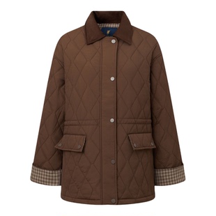 POLOWALK女式棉服外套2025冬季新品翻领复古收腰显瘦时尚菱格外套