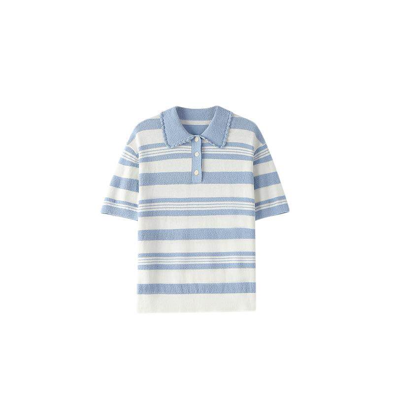 ochirly欧时力 亚麻棉polo领条纹短袖针织衫女上衣春季新品