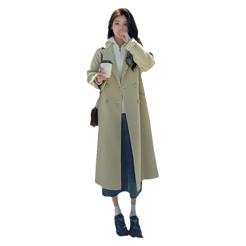 新款绿色双面绒毛呢大衣女中长款2024秋冬韩版宽松高级感毛呢外套