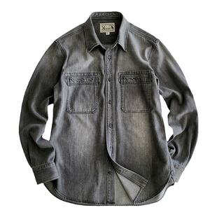 西里布美式复古黑灰色长袖牛仔衬衫男咔叽休闲重磅水洗磨白非rrl