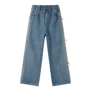 ask儿童裤子2026春秋季新款女童复古牛仔裤蝴蝶结阔腿裤