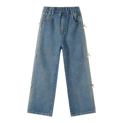 ask儿童裤子2026春秋季新款女童复古牛仔裤蝴蝶结阔腿裤