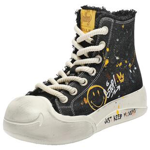 罗予彤同款百丽SMILEY联名流浪玩家高帮帆布鞋子面包板鞋3ZJC5C