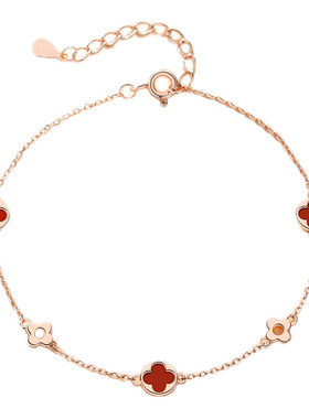 玛瑙四叶草手链女925银纯银ins森系韩版手镯闺蜜简约冷淡手饰