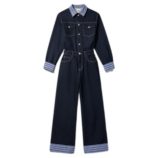 原野空间GRASS SPACE蓝格拼接牛仔套装女春秋复古休闲外套夹克潮