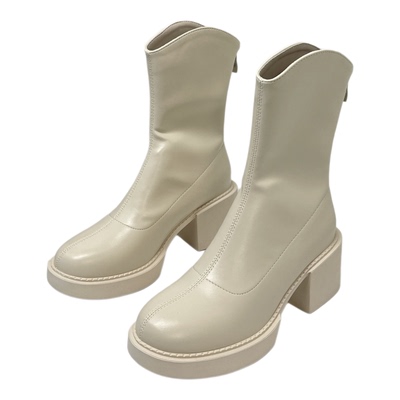 马丁靴女粗跟短筒厚底瘦瘦靴V口