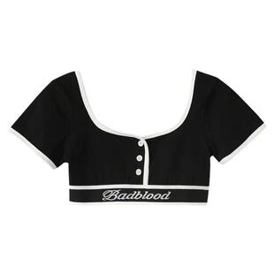 韩国badblood字母刺绣短款修身显瘦T恤美式辣妹健身运动短袖上衣