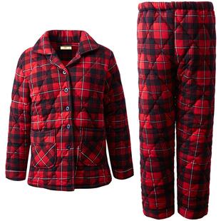 睡衣女秋冬季加厚纯棉格子红色本命年大码夹棉三层保暖家居服套装