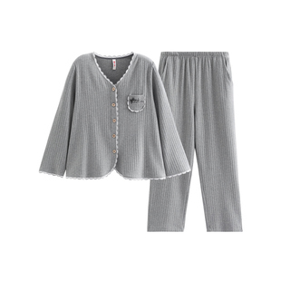 芬腾纯棉睡衣女春秋季婴儿棉开衫V领长袖套装简约休闲舒适家居服