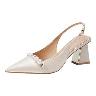 法式缎面高级感夏季旗袍高跟鞋女白色粗跟单鞋包头凉鞋婚鞋新娘鞋