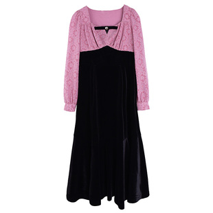 胖莹莹家大码女装胖妞复古港风碎花甜美温柔风丝绒拼接显瘦连衣裙