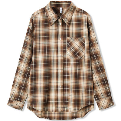 森马格纹宽松中长款长袖衬衫女秋