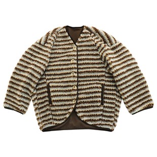 鹿与飞鸟“暖咖燕麦”复古花色条纹V领仿羊羔毛双面穿外套7025