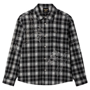 BOYLONDON复古黑白格子潮牌烫钻休闲春季男女同款长袖衬衫N21038