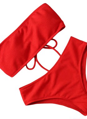 Simple Bikini with Solid Bandage纯色绑带抹胸简约比基尼套装女