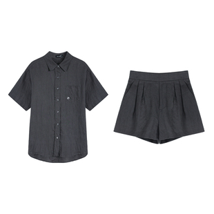 pusumede高智随性|100%亚麻刺绣短袖衬衫女宽松上衣+休闲短裤套装