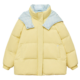 DM100大码百分百女装微胖mm冬季甜美保暖撞色格纹短款羽绒服外套