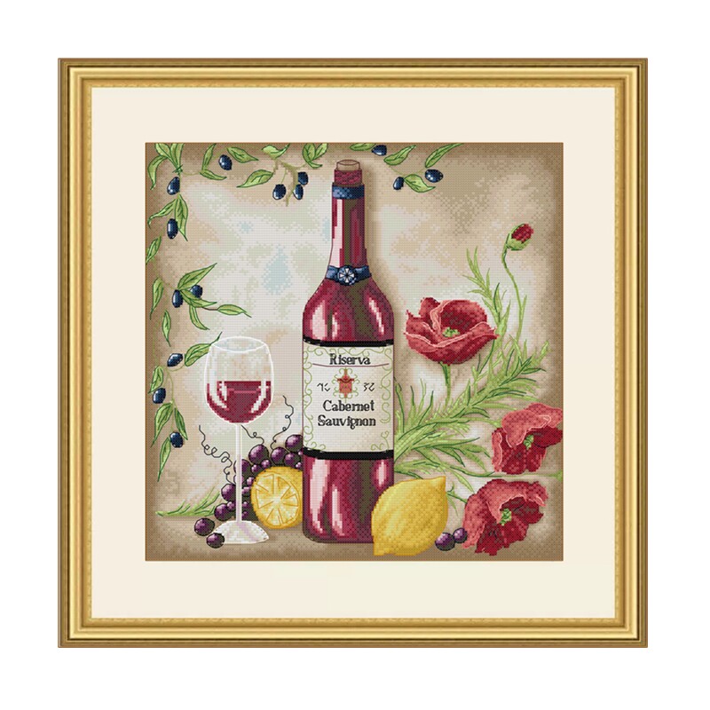 红葡萄酒和鲜花水果十字绣餐厅画