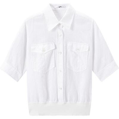 COMME MOI吕燕设计师春夏女装淡人亚麻松弛通勤螺纹下摆短袖衬衫