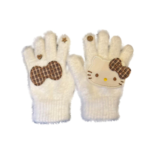 可爱格纹蝴蝶结Kitty猫保暖手套女冬季卡通毛绒五指防风骑行御寒