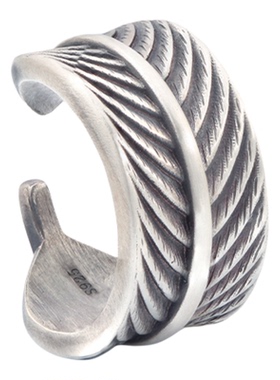 复古羽毛叶子戒指可调节925纯银