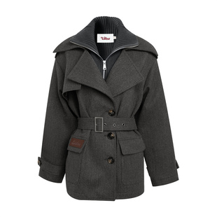 王楚然周也同款 Liilou 新书卷系 针织拼接 翻驳领腰带毛呢外套