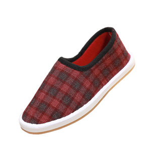 2025春季浅口圆头格子套脚中年一脚蹬船鞋平底布鞋二棉夹棉单鞋