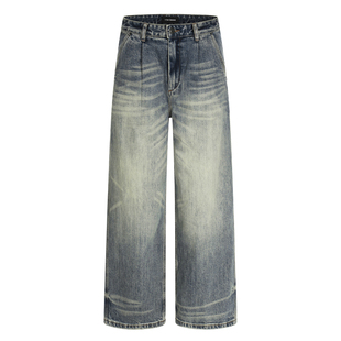 辣到中暑美式复古高街简约水洗蓝阔腿牛仔裤宽松显瘦做旧休闲裤