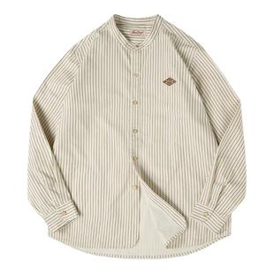 马登工装美式复古竖细条纹立领长袖衬衫日系休闲棒球衬衣外套男秋