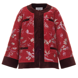 花木深国风灯芯绒外套女新款休闲圆领对襟上衣拼接提花新中式开衫