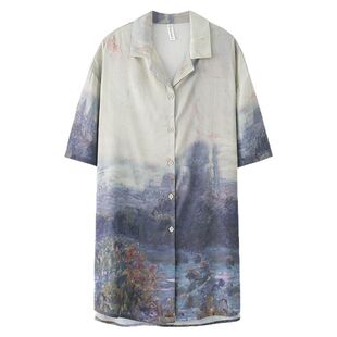 浪莎睡衣女款夏季大码性感缎面丝绸开衫半袖男友风衬衫睡裙家居服