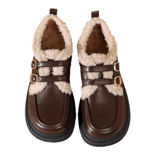 达芙妮乐福鞋女2025爆款秋冬厚底雪地靴保暖棉鞋加绒复古小皮鞋女