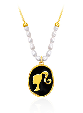 拼接珍珠银项链复古圆牌吊坠高级