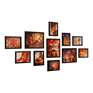 新年中式装点温馨喜庆印象派海报春节幅字灯笼挂墙相框组合照片墙