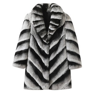 新款进口獭兔毛皮草外套女青果领中长款仿龙猫纹青紫兰兔皮毛一体