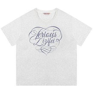 ziziFei夏季美式复古灰色基础字母印花V领宽松大版上衣短袖T恤女