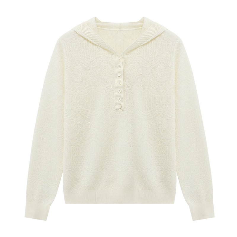 Basic House/百家好提花刺绣连帽针织衫女秋冬绵羊毛宽松套头上衣