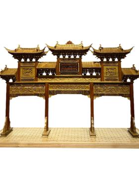 特价中式东阳木雕古建筑三门五门牌坊牌楼模型办公装饰摆件礼品