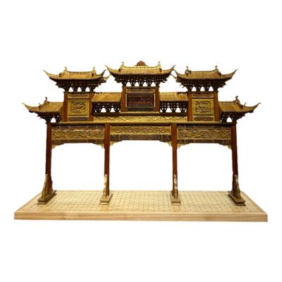 特价中式东阳木雕古建筑三门五门牌坊牌楼模型办公装饰摆件礼品