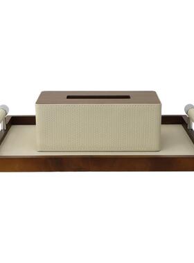 现代简约胡桃木托盘摆件样板间售楼处收纳盘客厅卧室高级感抽纸盒