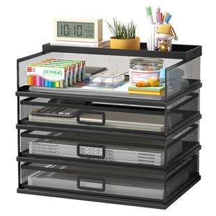 多层收纳加厚防潮大容量文件架带抽屉免安装办公室桌面资料置物架A4文件夹整理架学生用书立架金属材质耐用
