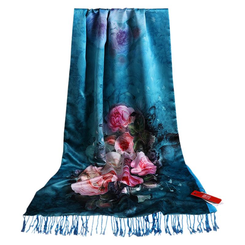 真丝丝巾女秋冬季高贵百搭长款桑蚕丝妈妈围巾旗袍披肩外搭两用