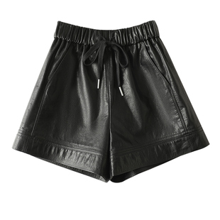 头层牛皮皮短裤女秋冬新款高腰a字真皮短裤百搭抽绳显瘦外穿皮裤