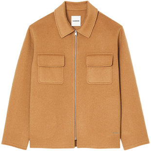 SANDRO秋冬男装时尚休闲羊毛混纺驼色直筒翻领工装毛呢夹克外套