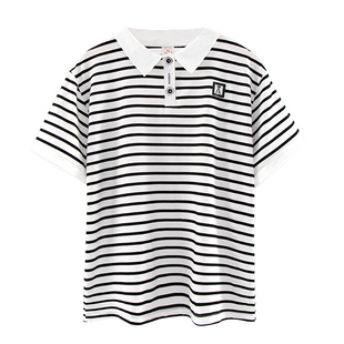 黑白条纹短袖t恤女纯翻领棉夏装中年妈妈有领polo衫带领运动上衣