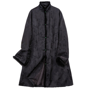 真丝提花中国风开襟貂毛中长款中式复古宽松冬棉衣大衣唐装女外套