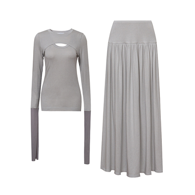 TOP家 法式优雅可拆卸两件套撞色袖短上衣+垂感飘逸大摆半身长裙