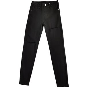 黑色破洞牛仔裤女2025春秋新款弹力紧身显瘦高腰九分小脚铅笔长裤